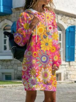 Women's Casual Dress Hoodie Dress Winter Dress Floral Print Hooded Mini Dress Fashion Streetwear Outdoor Daily Long Sleeve Loose Fit Yellow Pink Green Fall Winter S M L XL XXL