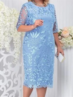 Women‘s Plus Size Curve Party Dress Lace Dress Cocktail Dress Midi Dress Pink Light Blue Half Sleeve Leaf Lace Summer Spring Fall Crew Neck Fashion Birthday Wedding Guest Vacation 2023