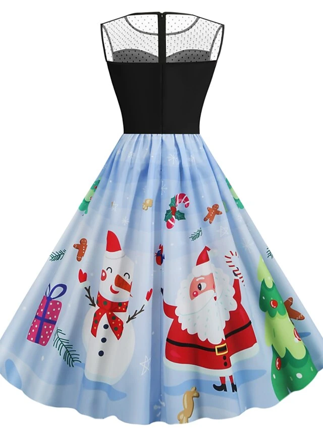 Women's Christmas Casual Dress Swing Dress Midi Dress Blue Royal Blue Dark Blue Light Blue Sleeveless Santa Claus Snowman Mesh Print Winter Fall Crew Neck Vacation Vintage 2022 S M L XL XXL 3 Women's Christmas Casual Dress Swing Dress Midi Dress Blue Royal Blue Dark Blue Light Blue Sleeveless Santa Claus Snowman Mesh Print Winter Fall Crew Neck Vacation Vintage 2022 S M L XL XXL - Image 3