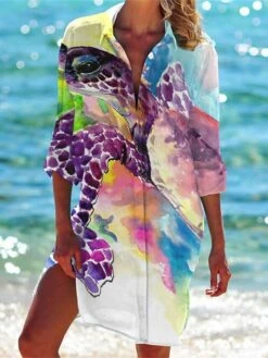 Women's Shirt Dress Casual Dress Shift Dress Mini Dress Outdoor Daily Date Polyester Fashion Classic Shirt Collar Pocket Print Half Sleeve Summer Spring 2023 Loose Fit White Red Navy Blue Fish S M L -Casual Print Dress Sales uikugk1677739844464