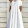 Women's Casual Dress Shift Dress A Line Dress Plain Lace Pocket Crew Neck Cold Shoulder Midi Dress Fashion Elegant Outdoor Daily Short Sleeve Loose Fit White Summer Spring S M L XL XXL