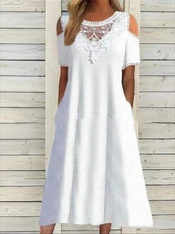 Women's Casual Dress Shift Dress A Line Dress Plain Lace Pocket Crew Neck Cold Shoulder Midi Dress Fashion Elegant Outdoor Daily Short Sleeve Loose Fit White Summer Spring S M L XL XXL