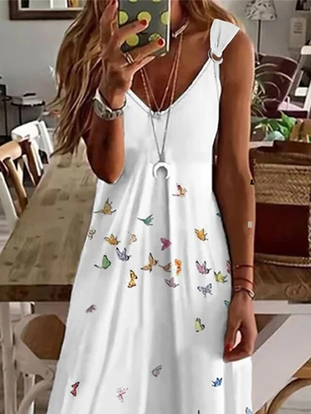 Women's Long Dress Maxi Dress Casual Dress A Line Dress Summer Dress Butterfly Casual Modern Daily Holiday Vacation Print Sleeveless V Neck Dress Regular Fit White Summer Spring S M L XL XXL 2 Women's Long Dress Maxi Dress Casual Dress A Line Dress Summer Dress Butterfly Casual Modern Daily Holiday Vacation Print Sleeveless V Neck Dress Regular Fit White Summer Spring S M L XL XXL - Image 2