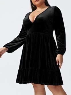 Women‘s Plus Size Curve Party Dress Velvet Dress Cocktail Dress Mini Dress Black Wine Royal Blue Long Sleeve Pure Color Ruched Spring Fall Winter V Neck Fashion Birthday Wedding Guest Vacation 2023 -Casual Print Dress Sales ujjaqu1692176737415