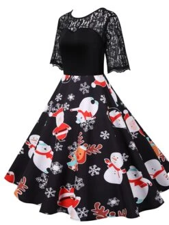 Women's Christmas Casual Dress Swing Dress Midi Dress Black Short Sleeve Santa Claus Snowman Snowflake Lace Winter Fall Crew Neck Vintage Elegant Casual 2022 S M L XL 2XL 3XL / Black Dress