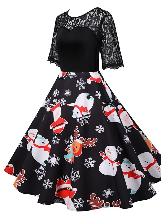 Women's Christmas Casual Dress Swing Dress Midi Dress Black Short Sleeve Santa Claus Snowman Snowflake Lace Winter Fall Crew Neck Vintage Elegant Casual 2022 S M L XL 2XL 3XL / Black Dress 1 Women's Christmas Casual Dress Swing Dress Midi Dress Black Short Sleeve Santa Claus Snowman Snowflake Lace Winter Fall Crew Neck Vintage Elegant Casual 2022 S M L XL 2XL 3XL / Black Dress