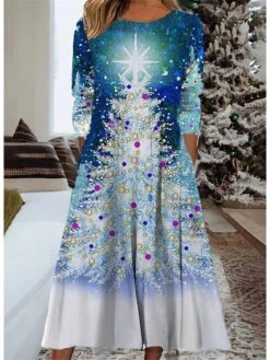 Women's Christmas Casual Dress Swing Dress Midi Dress Blue Wine Long Sleeve Tree Pocket Winter Fall Autumn Fashion Daily Weekend 2022 S M L XL XXL 3XL