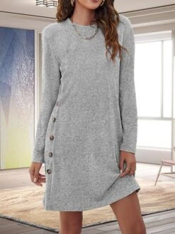 Women's Casual Dress T Shirt Dress Tee Dress Winter Dress Mini Dress Patchwork Button Daily Going Out Weekend Basic Elegant Crew Neck Long Sleeve Black Pink Grey Color S M L XL 2XL Size