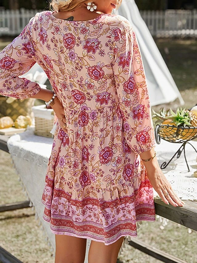 Women's Boho Dress Long Dress Maxi Dress Pink Beige Light Blue 3/4 Length Sleeve Floral Ruffle Fall Autumn V Neck Weekend Loose Fit 2023 S M L XL 3 Women's Boho Dress Long Dress Maxi Dress Pink Beige Light Blue 3/4 Length Sleeve Floral Ruffle Fall Autumn V Neck Weekend Loose Fit 2023 S M L XL - Image 3