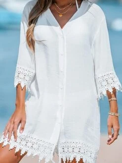 Casual Print Dress Sales 19 Women's Beach Dress Beach Wear Mini Dress Lace Casual Plain V Neck 3/4 Length Sleeve Vacation Going Out Almond 2023 Summer Spring S M L XL