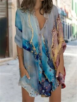 Women's Shirt Dress Casual Dress Shift Dress Mini Dress Outdoor Daily Vacation Polyester Fashion Casual Stand Collar Button Pocket Long Sleeve Summer Spring Fall 2023 Regular Fit Blue Green Khaki -Casual Print Dress Sales ukpltm1680164471070