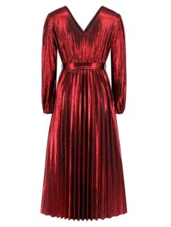 Women's Casual Dress Winter Dress Plain Dress Midi Dress Lace Up Pleated Outdoor Street Daily Fashion Streetwear V Neck Long Sleeve 2023 Loose Fit Yellow Red Purple Color S M L XL XXL Size -Casual Print Dress Sales ukyuuv1692868971908