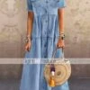 Women's Denim Shirt Dress Maxi Long Dress Dark Blue Light Blue Short Sleeve Solid Color Pocket Button Spring Summer Shirt Collar Hot Casual Vintage 2023 S M L XL XXL 3XL / Loose