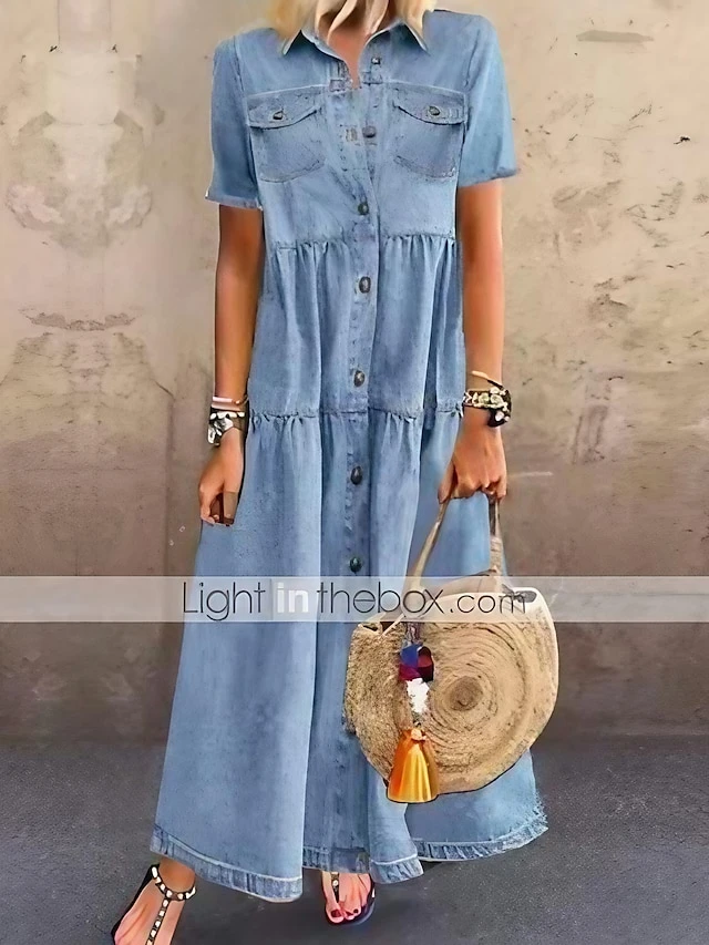 Women's Denim Shirt Dress Maxi Long Dress Dark Blue Light Blue Short Sleeve Solid Color Pocket Button Spring Summer Shirt Collar Hot Casual Vintage 2023 S M L XL XXL 3XL / Loose 1 Women's Denim Shirt Dress Maxi Long Dress Dark Blue Light Blue Short Sleeve Solid Color Pocket Button Spring Summer Shirt Collar Hot Casual Vintage 2023 S M L XL XXL 3XL / Loose