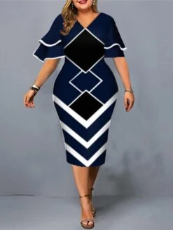Women‘s Plus Size Curve Work Dress Geometric V Neck Short Sleeve Spring Fall Fashion Elegant Modern Midi Dress Formal Office Dress -Casual Print Dress Sales ulciaw1671091292996