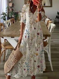 Women's Casual Dress Long Dress Maxi Dress White Short Sleeve Floral Ruched Summer Spring V Neck Stylish 2023 S M L XL 2XL 3XL