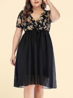 Women‘s Plus Size Curve Party Dress Cocktail Dress Wedding Guest Dress Midi Dress Black Wine Short Sleeve Floral Lace Up Summer Spring Fall V Neck Fashion Birthday Wedding Guest Vacation 2023 -Casual Print Dress Sales umffaq1691399396283