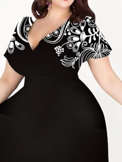 Women‘s Plus Size Curve Casual Dress A Line Dress Graphic Midi Dress Short Sleeve Print V Neck Elegant Holiday Black White Summer Spring L XL XXL 3XL 4XL -Casual Print Dress Sales umjzak1678188500644