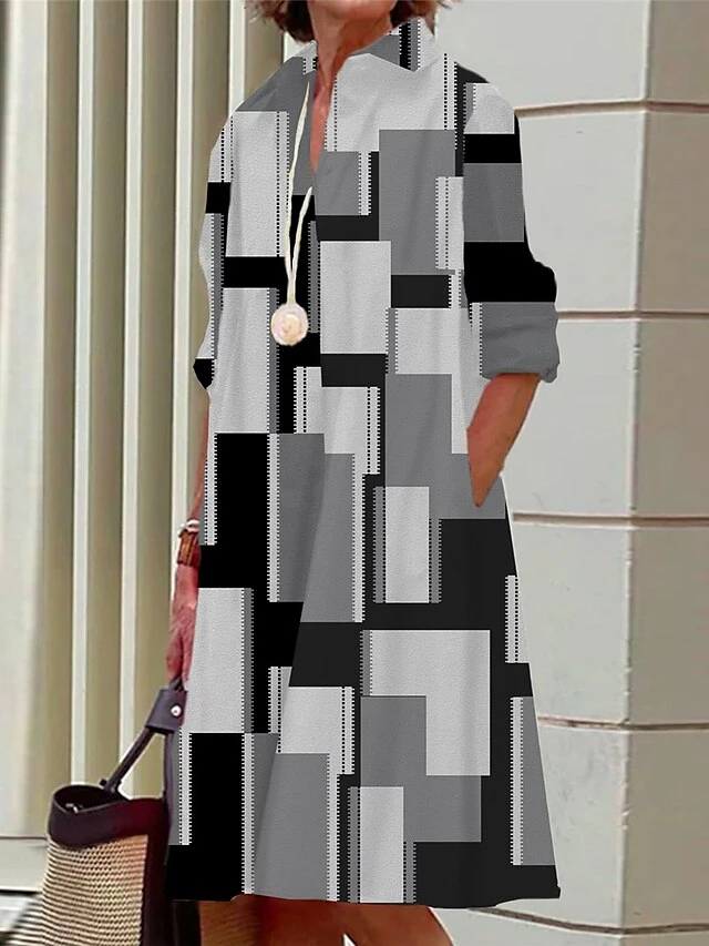 Women's Shirt Dress Casual Dress Midi Dress Outdoor Office Daily Polyester Fashion Modern Shirt Collar Button Pocket Long Sleeve Fall Winter 2023 Loose Fit Black Navy Blue Blue Geometric Color Block 4 Women's Shirt Dress Casual Dress Midi Dress Outdoor Office Daily Polyester Fashion Modern Shirt Collar Button Pocket Long Sleeve Fall Winter 2023 Loose Fit Black Navy Blue Blue Geometric Color Block - Image 4