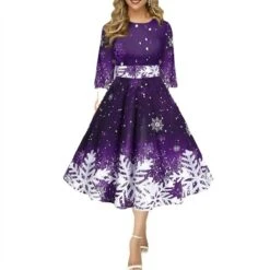 Women's Christmas Skater Dress Print DressMidi Dress Green Purple Dark Red Dark Blue Black 3/4 Length Sleeve Print Snowflake Patchwork Print Fall Winter Crew Neck Fashion Party 2022 S M L XL 2XL 3XL -Casual Print Dress Sales umnhhj1665489400268