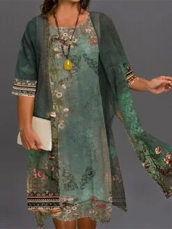 Women‘s Plus Size Curve Casual Dress Dress Set Two Piece Dress Floral Midi Dress 3/4 Length Sleeve Print Crew Neck Fashion Daily Green Summer Spring L XL XXL 3XL
