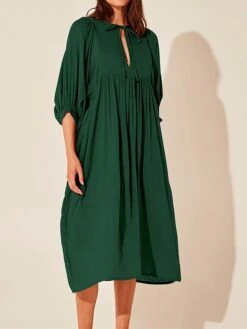 Women's Shirt Dress Casual Dress Midi Dress Outdoor Daily Date Cotton Basic Classic V Neck Ruched Long Sleeve Fall Winter 2023 Loose Fit Black Green Apricot Pure Color S M L XL -Casual Print Dress Sales umubfu1695096317035