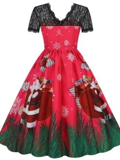 Women's Christmas Swing Dress Vintage DressKnee Length Dress Green Wine Dark Green Fuchsia Red Black Short Sleeve Santa Claus Snowman Snowflake Lace Print Fall Winter V Neck Vacation Vintage 2022 S -Casual Print Dress Sales umvxbk1665293369948