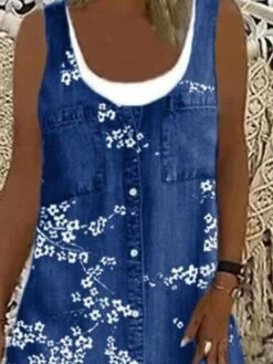 Women's Denim Dress Casual Dress Mini Dress Blue Dusty Blue Light Blue Sleeveless Floral Patchwork Summer Spring U Neck Fashion Vacation Loose Fit 2023 S M L XL XXL 3XL 4XL 5XL -Casual Print Dress Sales umycmx1671531744539