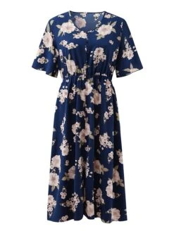 Women‘s Plus Size Curve Casual Dress A Line Dress Floral Dress Floral Midi Dress Short Sleeve Print V Neck Fashion Daily Black White Spring Summer L XL XXL 3XL -Casual Print Dress Sales unevzs1672800363444