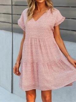Women's Casual Dress Chiffon Dress Floral Dress Floral Color Block Print V Neck Mini Dress Active Fashion Outdoor Street Short Sleeve Regular Fit White Pink Red Summer Spring S M L XL XXL -Casual Print Dress Sales uopkia1688036783744