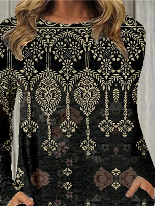 Women's Casual Dress Casual Dress T Shirt Dress Tee Dress Floral Paisley Pocket Print Crew Neck Mini Dress Fashion Outdoor Daily Long Sleeve Regular Fit Black Gray Black Wine Spring Fall S M L XL XXL 4 Women's Casual Dress Casual Dress T Shirt Dress Tee Dress Floral Paisley Pocket Print Crew Neck Mini Dress Fashion Outdoor Daily Long Sleeve Regular Fit Black Gray Black Wine Spring Fall S M L XL XXL - Image 4