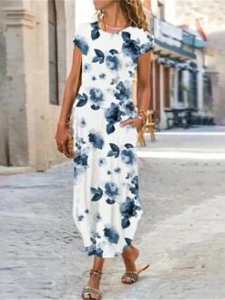 Women's Casual Dress Shift Dress Summer Dress Floral Butterfly Pocket Split Crew Neck Long Dress Maxi Dress Fashion Streetwear Outdoor Daily Short Sleeve Regular Fit White Red Navy Blue Summer Spring -Casual Print Dress Sales upcmxx1686913336687