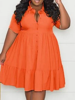 Women‘s Plus Size Curve Shirt Dress Solid Color Shirt Collar Ruffle Half Sleeve Spring Summer Casual Knee Length Dress Daily Holiday Dress -Casual Print Dress Sales updhos1656491036879