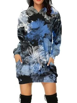 Women's Casual Dress Hoodie Dress Mini Dress Fashion Daily Outdoor Going Out Weekend Hoodie Pocket Floral Print Loose Fit Black Red Blue S M L XL XXL -Casual Print Dress Sales uqkmeo1694427873686