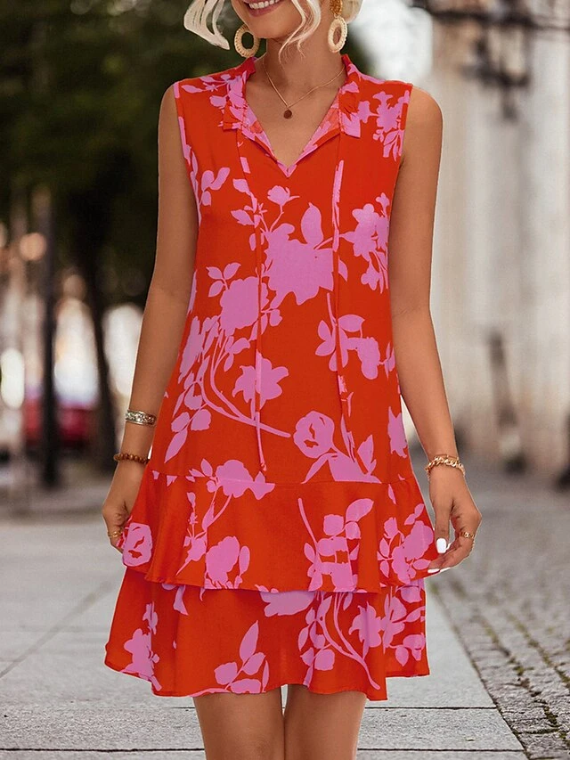 Women's Casual Dress Tank Dress Print Dress Floral Layered Print V Neck Mini Dress Active Fashion Outdoor Daily Sleeveless Regular Fit Fuchsia Orange Spring Summer S M L XL 4 Women's Casual Dress Tank Dress Print Dress Floral Layered Print V Neck Mini Dress Active Fashion Outdoor Daily Sleeveless Regular Fit Fuchsia Orange Spring Summer S M L XL - Image 4
