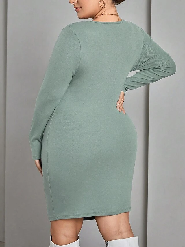 Women's Plus Size Curve Casual Dress Winter Dress Bodycon Solid Color Midi Dress Long Sleeve Ruched Crew Neck Fashion Outdoor Green Fall Winter XL XXL 3XL 2 Women's Plus Size Curve Casual Dress Winter Dress Bodycon Solid Color Midi Dress Long Sleeve Ruched Crew Neck Fashion Outdoor Green Fall Winter XL XXL 3XL - Image 2
