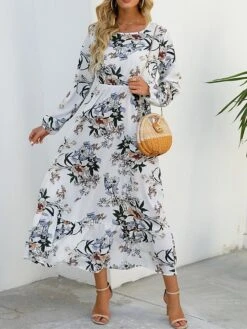 Women's Casual Dress Swing Dress A Line Dress Floral Print Crew Neck Long Dress Maxi Dress Fashion Modern Daily Holiday Long Sleeve Regular Fit Black White Yellow Fall Winter S M L XL -Casual Print Dress Sales urkjee1695036781373