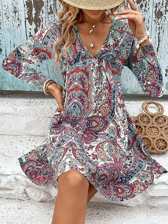 Women's Casual Dress Paisley Dress A Line Dress Floral Paisley Print V Neck Mini Dress Fashion Streetwear Outdoor Daily Long Sleeve Loose Fit Wine Navy Blue Royal Blue Spring Fall S M L XL XXL 4 Women's Casual Dress Paisley Dress A Line Dress Floral Paisley Print V Neck Mini Dress Fashion Streetwear Outdoor Daily Long Sleeve Loose Fit Wine Navy Blue Royal Blue Spring Fall S M L XL XXL - Image 4