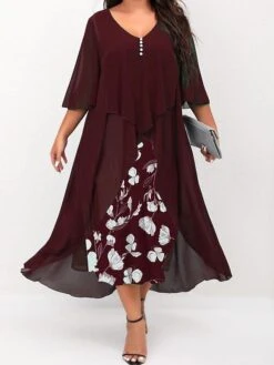 Women's Plus Size Curve Work Dress Floral V Neck Ruched 3/4 Length Sleeve Spring Summer Work Elegant Midi DressLayered Formal Vacation Dress -Casual Print Dress Sales urpnth1662014407947
