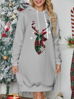 Women's Christmas Dress Hoodie Dress Mini Dress Warm Fashion Outdoor Christmas Holiday Hoodie Print Reindeer Snowflake Loose Fit Black White Wine S M L XL XXL -Casual Print Dress Sales urxsyd1697633973581