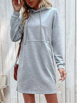Women's Casual Dress Hoodie Dress Mini Dress Fashion Daily Outdoor Vacation Going Out V Neck Pocket Solid Color Striped Loose Fit Gray S M L XL -Casual Print Dress Sales usfmvy1692165841358