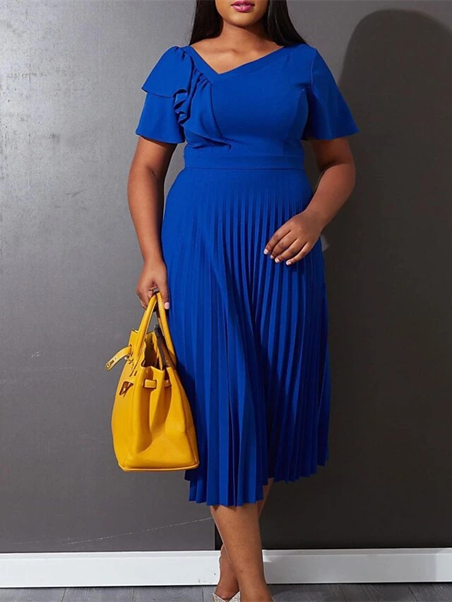 Women‘s Plus Size Curve Party Dress Solid Color V Neck Ruched Short Sleeve Fall Spring Work Prom Dress Maxi Long Dress Party Holiday Dress Ruffle 13 Women‘s Plus Size Curve Party Dress Solid Color V Neck Ruched Short Sleeve Fall Spring Work Prom Dress Maxi Long Dress Party Holiday Dress Ruffle - Image 13