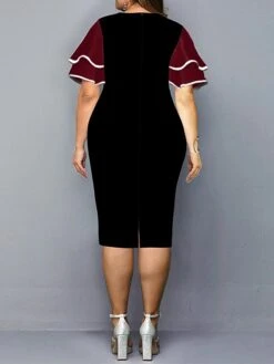 Women‘s Plus Size Curve Work Dress Bodycon Sheath Dress Color Block Midi Dress Half Sleeve Ruffle Crew Neck Fashion Outdoor Wine Red Fall Spring XL XXL 3XL 4XL 5XL -Casual Print Dress Sales ussivg1673251737233