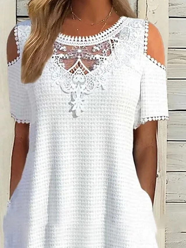 Women's Casual Dress Shift Dress A Line Dress Plain Lace Pocket Crew Neck Cold Shoulder Midi Dress Fashion Elegant Outdoor Daily Short Sleeve Loose Fit White Summer Spring S M L XL XXL 2 Women's Casual Dress Shift Dress A Line Dress Plain Lace Pocket Crew Neck Cold Shoulder Midi Dress Fashion Elegant Outdoor Daily Short Sleeve Loose Fit White Summer Spring S M L XL XXL - Image 2