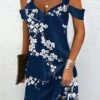 Women's Casual Dress Summer Dress Slip Dress Floral Cold Shoulder Print Strap Mini Dress Fashion Streetwear Outdoor Daily Short Sleeve Regular Fit Dark Blue Summer Spring S M L XL XXL