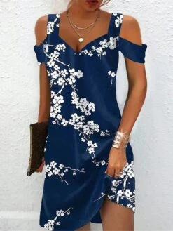 Women's Casual Dress Summer Dress Slip Dress Floral Cold Shoulder Print Strap Mini Dress Fashion Streetwear Outdoor Daily Short Sleeve Regular Fit Dark Blue Summer Spring S M L XL XXL