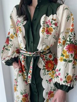 Women's Shirt Dress Casual Dress Maxi Long Dress Outdoor Daily Date Linen Fashion Casual V Neck Lace Up Button Long Sleeve Fall Winter 2023 Regular Fit Apricot Floral S M L XL 2XL -Casual Print Dress Sales utawzb1695644788648