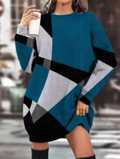 Women's Casual Dress Sweatshirt Dress Winter Dress Geometric Color Block Pocket Print Crew Neck Mini Dress Fashion Streetwear Outdoor Daily Long Sleeve Loose Fit Black Wine Blue Fall Winter S M L XL -Casual Print Dress Sales utkoyn1695797506330