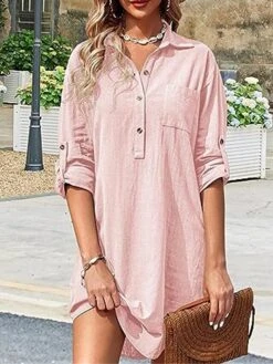 Women's Shirt Dress Casual Dress Mini Dress Outdoor Daily Cotton Linen Basic Classic Shirt Collar Button Pocket Long Sleeve Summer Spring Fall 2023 Loose Fit Black White Pink Pure Color S M L XL 2XL