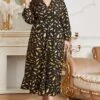 Women's Plus Size Prom Dress Party Dress Wedding Guest Dress Long Dress Maxi Dress Black Long Sleeve Print Ruched Fall Winter Autumn V Neck Fashion Winter Dress Evening Party Wedding Guest 2023 L XL